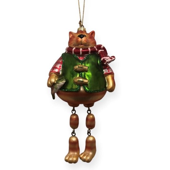 Orange Tabby Cat With Fish Glass Christmas Tree Ornament - Picture 1 of 5